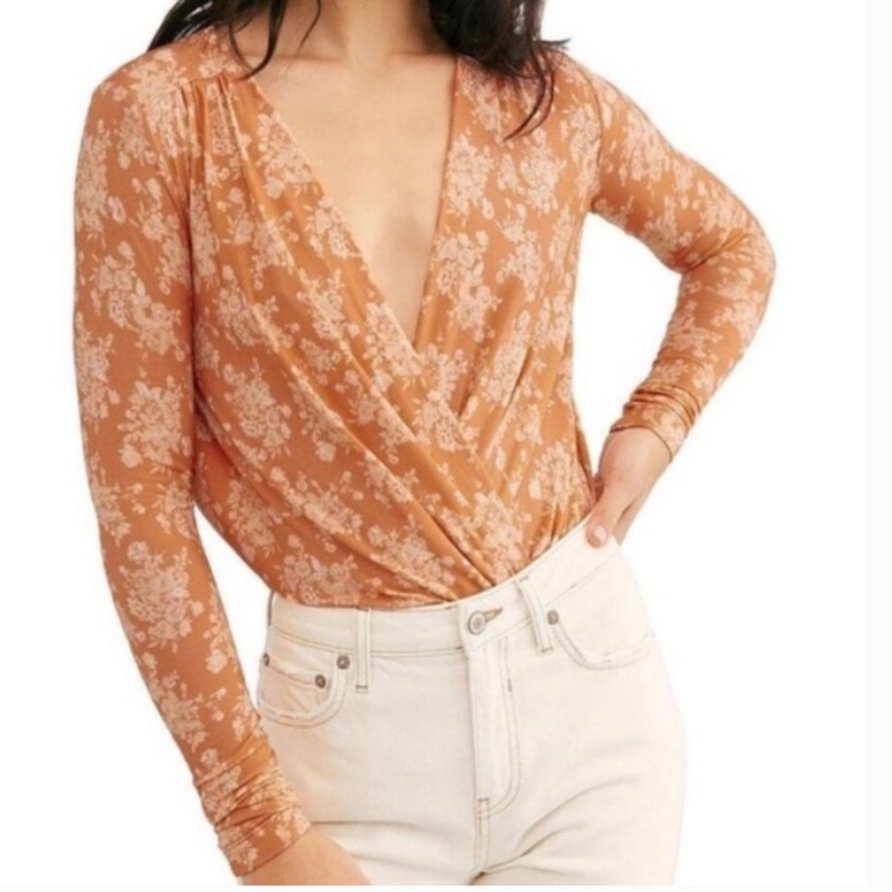 Free People Rust Floral Long Sleeve Bodysuit